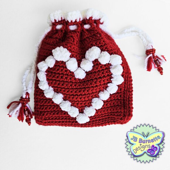 JB Burnette Designs Handbags - Crochet Heart Bag, Drawstring Pouch with Beaded Accents, Wristlet with 3D Hearts